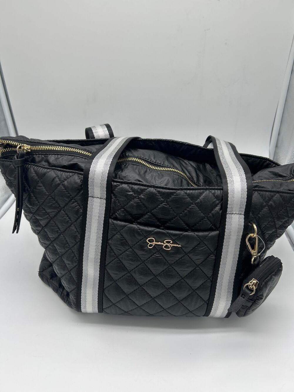 Jessica Simpson Nikki Quilted Gym Travel Tote Bag Black Leopard Interior